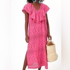 Tuckernuck Dress Fuchsia Pink Ruffle Eyelet
V-Neck Midi Slit Size S